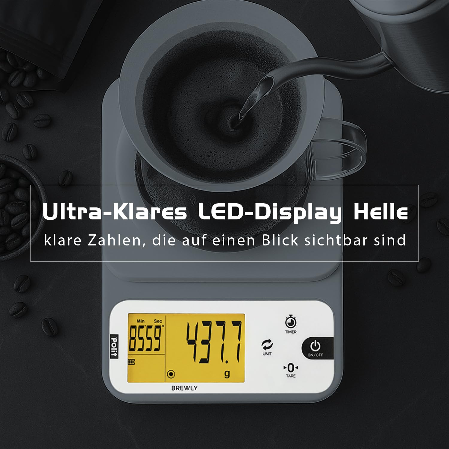 Polit Brewly Kaffeewaage mit Timer, 0,1 g, Espresso & Pour Over, Schwarz | Ultraflaches Design, Hitzebeständige Unterlage, USB-C oder Batterie, ml-Modi für Milch & Wasser, Für Barista & Reisen