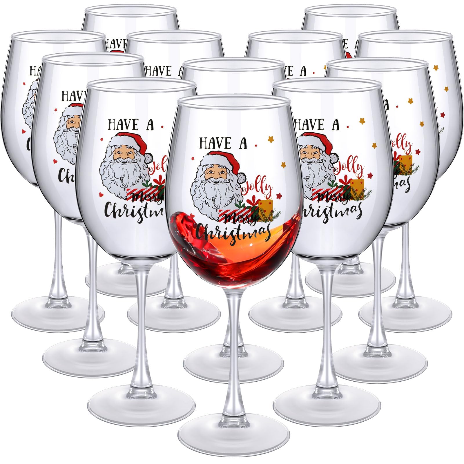 Nitial 12 Pcs Christmas Wine Glasses Stemmed 15oz Clear Drinkware Long Stem Champagne Glasses Gift Holiday Festive Christmas Wine Glasses Dinnerware and Serveware Party Supplies, Santa Style