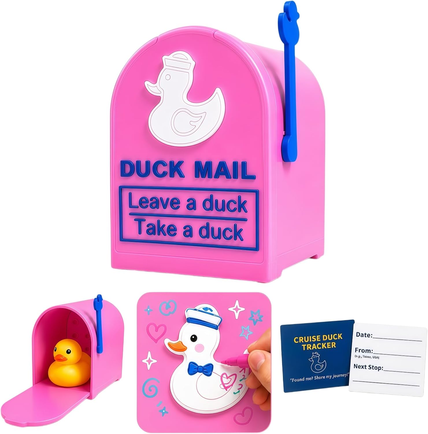 Take a Duck Leave a Duck Mailbox, DIY Paintable Magnetic Cruise Ship Cabin Door Decor with 7 Heavy-Duty Magnets, Includes 10 Track Cards (Pink)