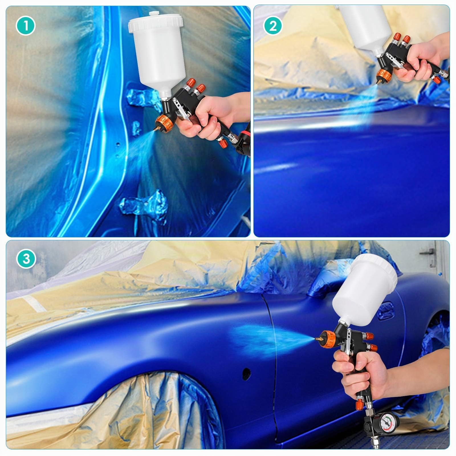 Pistolet de Pulvérisation à Alimentation par Gravité HVLP Pistolet à Peinture Pneumatique Buse de 1,3 mm 600CC Coupe de Mélange de Peinture Aérographe