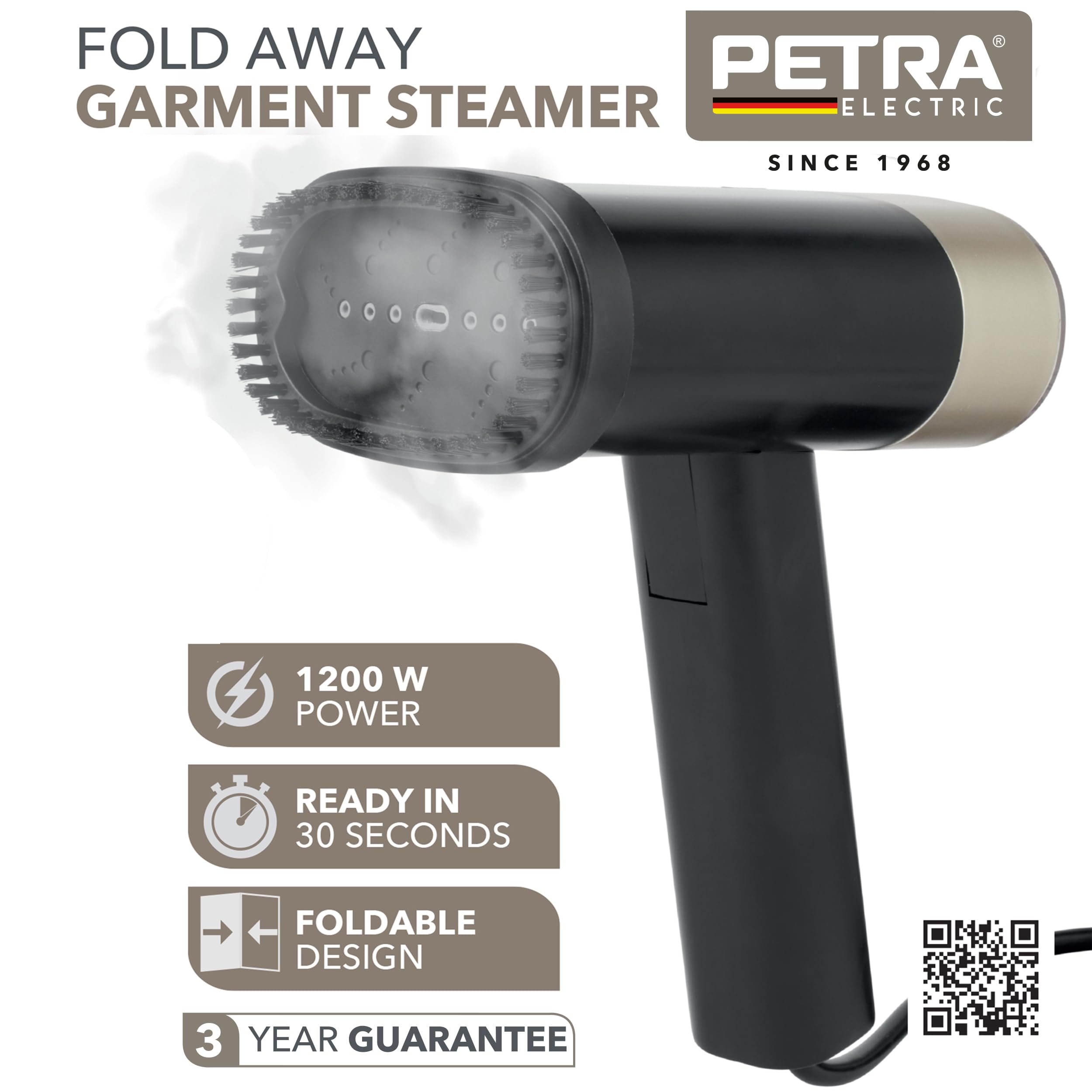 Petra PF01608VDE Fold-Away Garment Steamer - Handheld Travel Clothes Steamer, Foldable Handle, 100ml, Mini Wrinkle Remover, Lightweight, Portable, 1200W, 30 Second Heat Up, No Ironing Board Needed