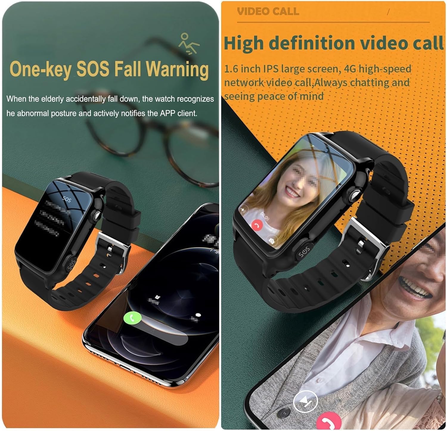 Genérico Detección de Caídas 4G Reloj Localizador GPS Personas Mayores Detector Caída Smartwatch Botón SOS para Alzheimer (Negro)