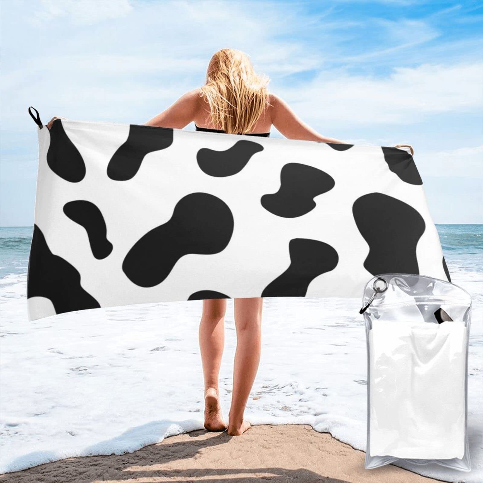 Lawenp Cow Pattern Microfiber Beach Towel Adults Large Quick Drying Bath Towel Travel Towels with Pouch 27.5"x55"