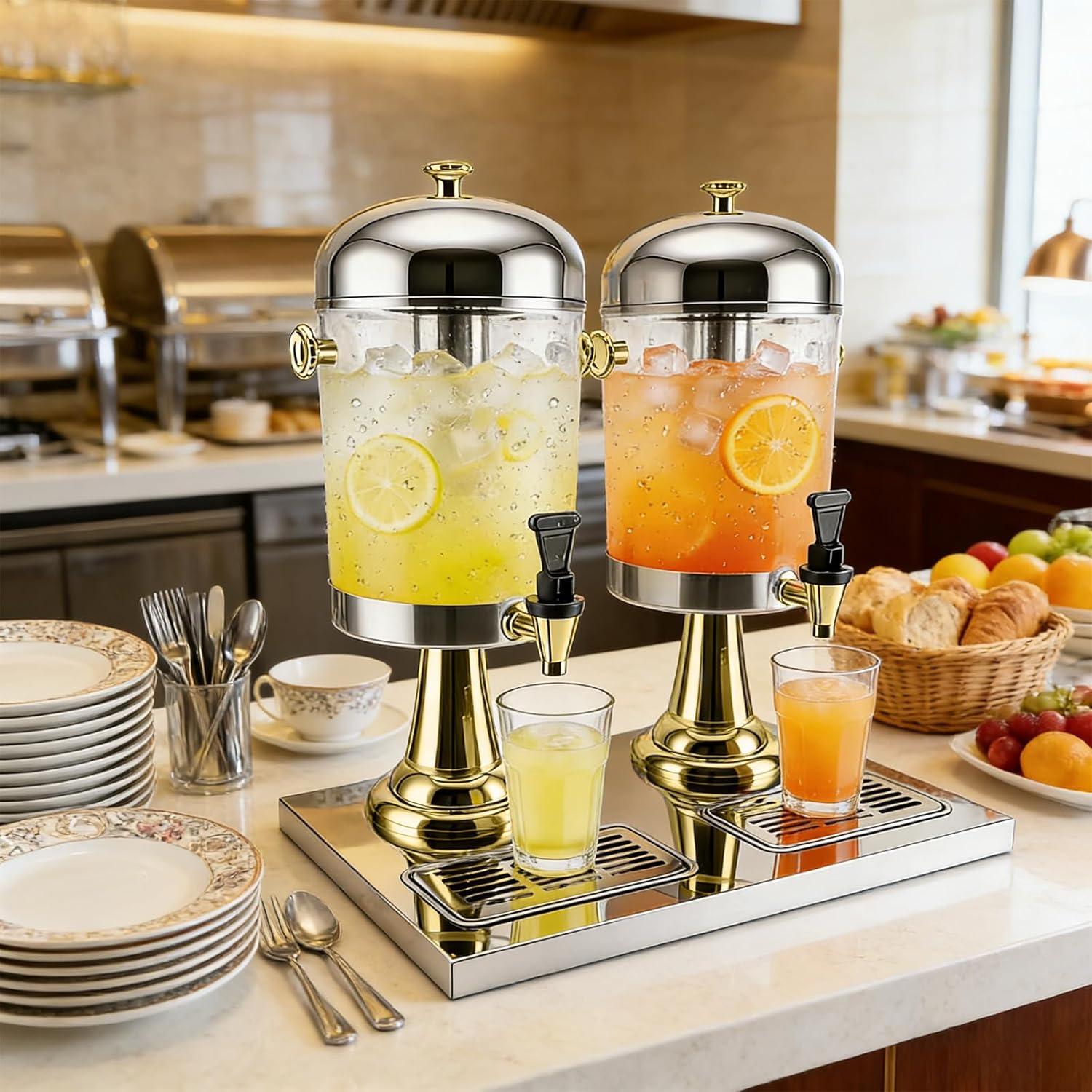 4-Gallon Drink Dispenser with Stainless Steel Drip Tray - Party Beverage Juice Lemonade Iced Tea Water Dispenser for Church Events, Catering, Family Gatherings & Outdoor (GOLD)