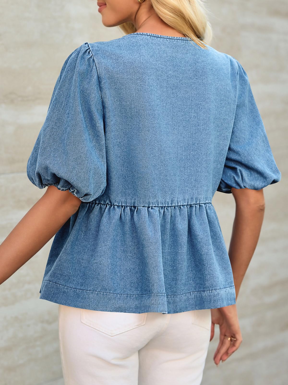 Tankaneo Camicette da donna in denim con nodo frontale, con peplo e maniche a sbuffo, girocollo, estive, casual, con fiocco