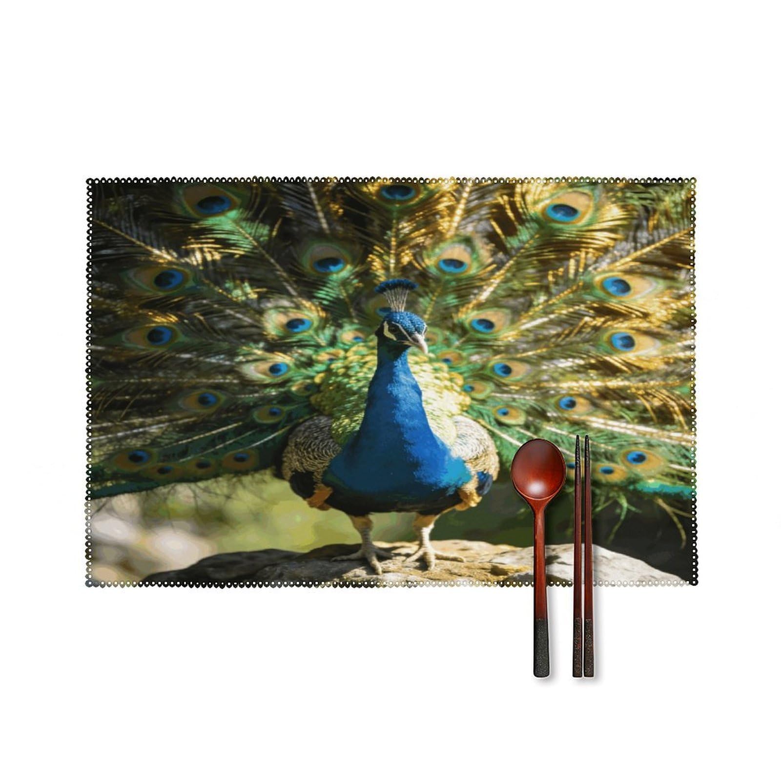 Khauerbc Style Beautiful Peacock With Colorful Feathers Placemats Set Of 6,Decorating The Dining Table，Canvas Washable Table Mats，Wipe Clean Anti Slip Dining Table Place Mats For Party Kitchen Dining Decoration