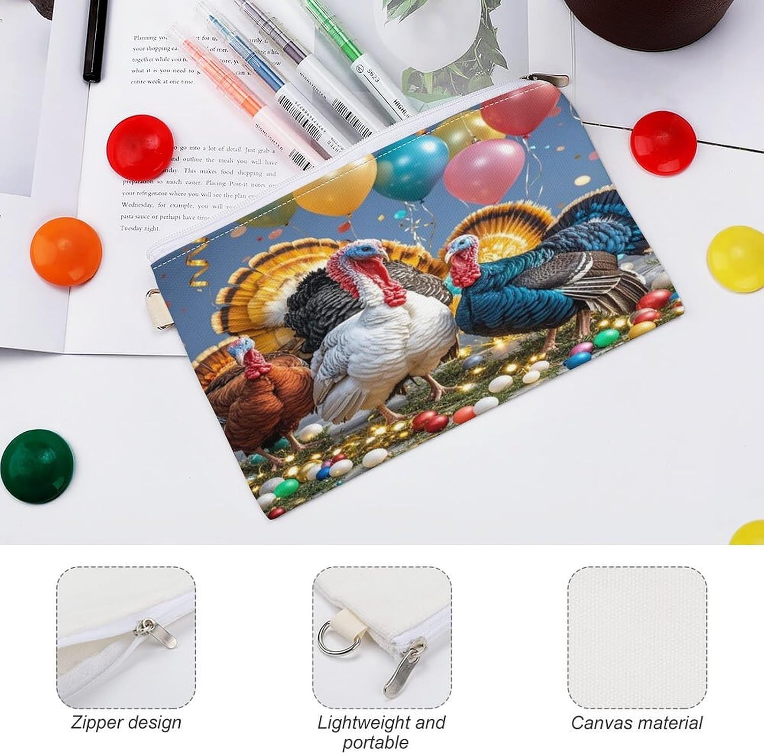 Fun Turkey Party Coin Purse Coin Pouch with Zipper for Men Women Portable Change Wallet Canvas Coin Bag