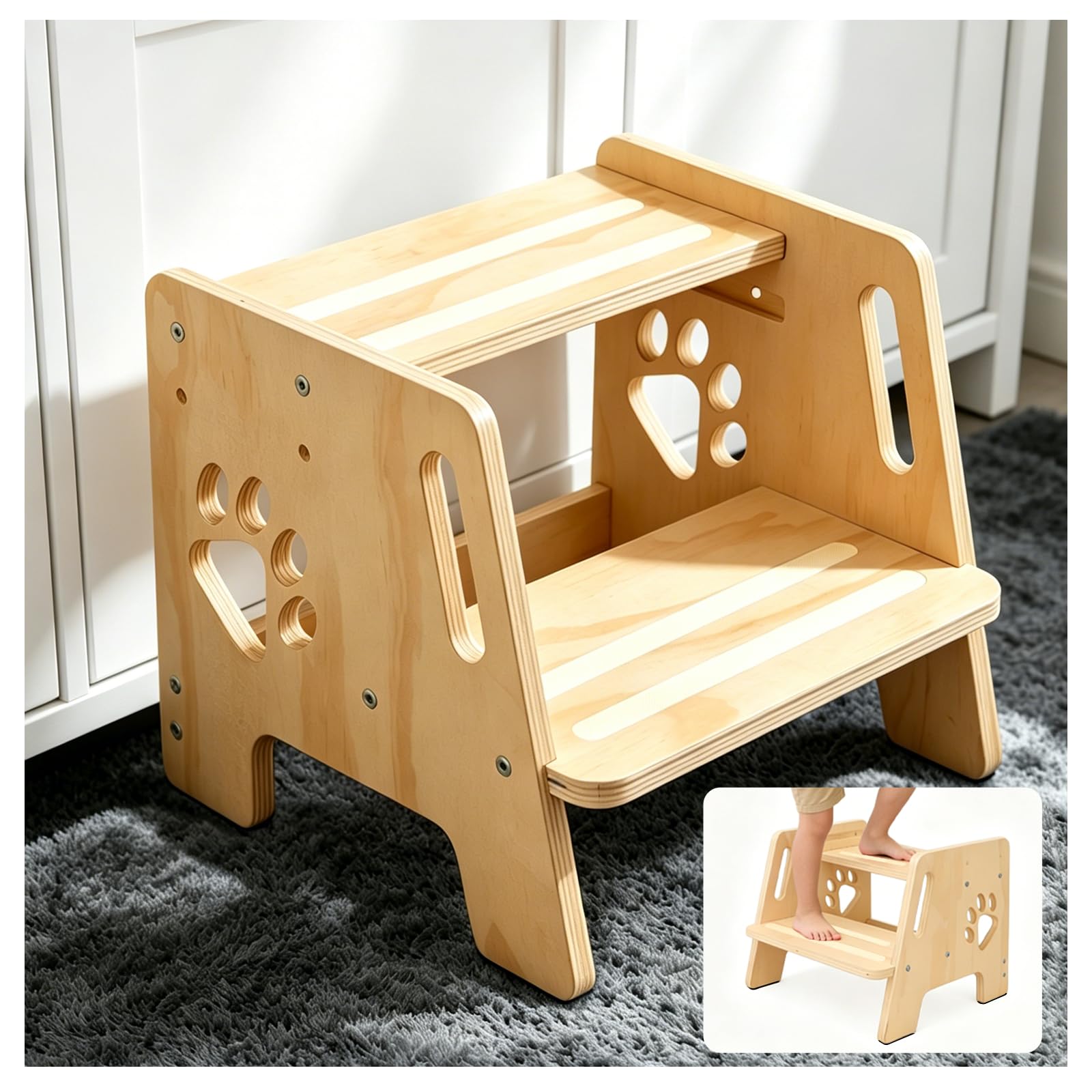 Escalón Infantil Taburete Infantil de Madera 2 Peldaños Altura Regulable Escalera con Asas Antideslizante para Baño Lavabo Cocina Dormitorio Entrenamiento de Inodoro para Niños
