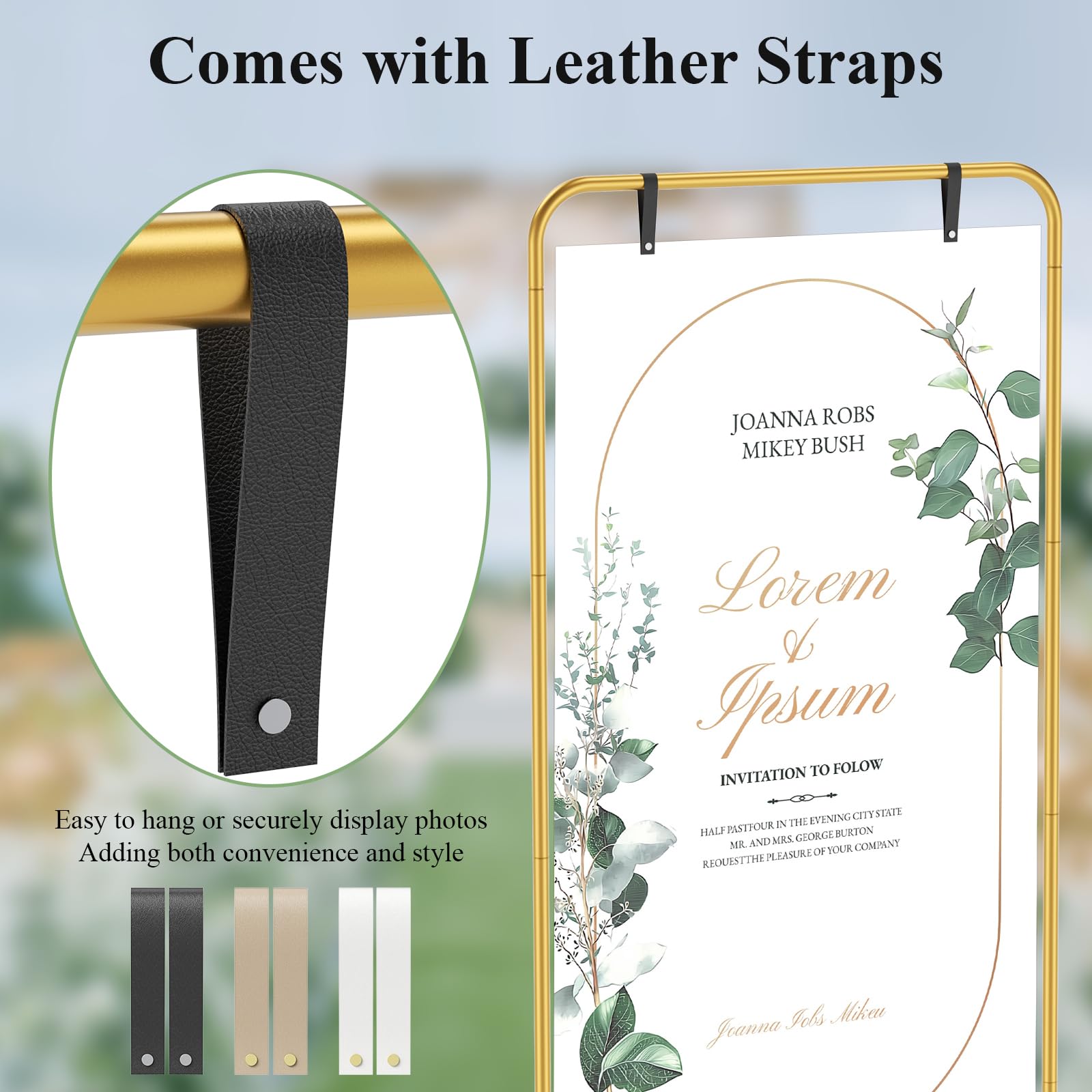 Chevalet Mariage Réglable 1.7M, Support de Panneau Bienvenue de Mariage avec 2 Sacs d'Eau en Forme de U et 6 Sangles en Cuir, pour Mariages, Anniversaires et Fêtes