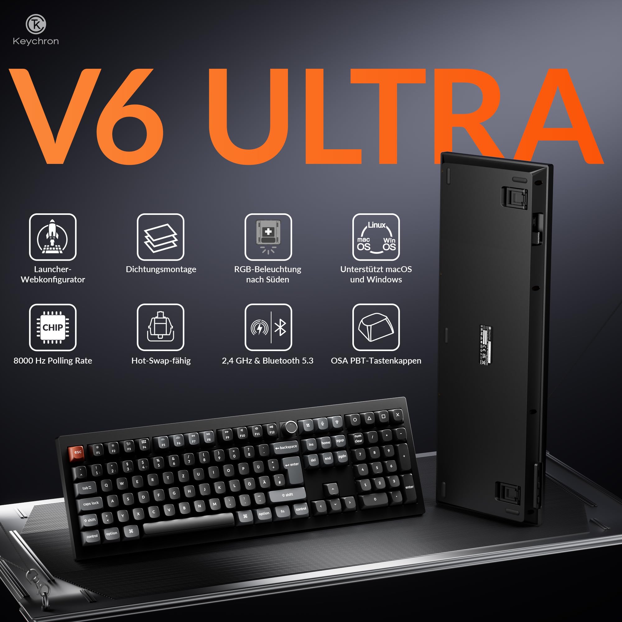 Keychron V6 Ultra 8K kabellose mechanische Tastatur, ISO-DE-Layout, 8000 Hz, ZMK/Launcher, 2,4 GHz/Bluetooth 5.3, PBT-Tastenkappen, für Mac, Windows und Linux, Silk POM Brauner Schalter