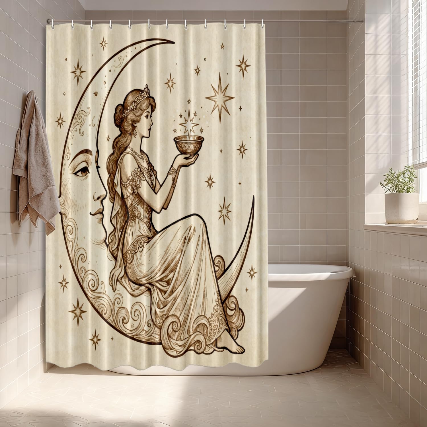Batmerry Art Nouveau Moon Decorative Shower Curtain, Wide Long Shower Curtain with Rust Proof Grommets for Bathroom Farmhouse Bathtub Waterproof Washable