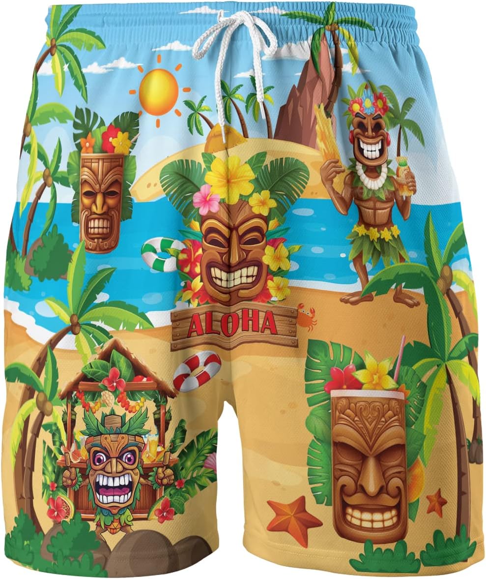 Tropical Summer Men's Quick Dry - Tiki Mask Hawaiian Shorts for Men - Beach Tiki Shorts Swim Trunks Set 7 (TND-LN-7)