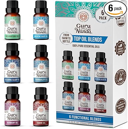 GuruNanda Essential Oil Blends (Set of 6) - Natural Essential Oil Set, Aromatherapy Oil Blends for Diffusers - Breathe Easy, Tranquility, Harmony, Calming Sleep, Relaxation & Thrive