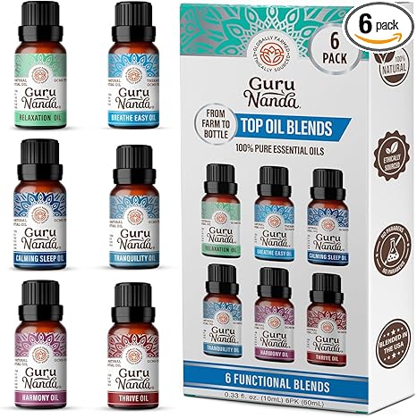 GuruNanda Essential Oil Blends (Set of 6) - Natural Essential Oil Set, Aromatherapy Oil Blends for Diffusers - Breathe Easy, Tranquility, Harmony, Calming Sleep, Relaxation & Thrive