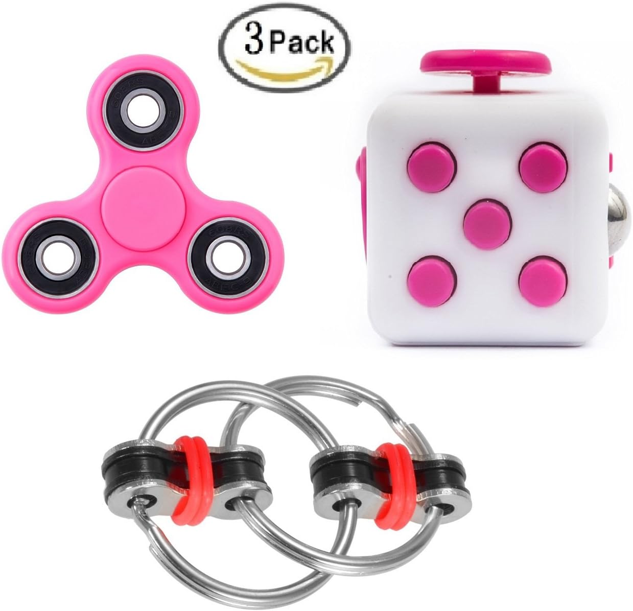 Ouker 3 Pack Fidget Toys,Fidget tri-Spinner,Fidget Cube,Bike Fidget Chain for ADD ADHD Stress and Anxiety Relief (Pink)