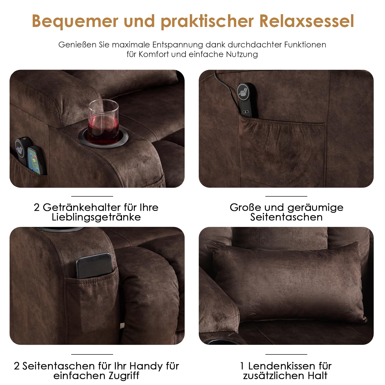 SAMERY Fernsehsessel mit Aufstehhilfe, Relaxsessel mit Liegefunktion, Fernsehsessel Elektrisch Verstellbar TV-Sessel mit Massage Heizung, USB-A, USB-C, Getränkehalter (Kastanienbraun, 1 Sessel)
