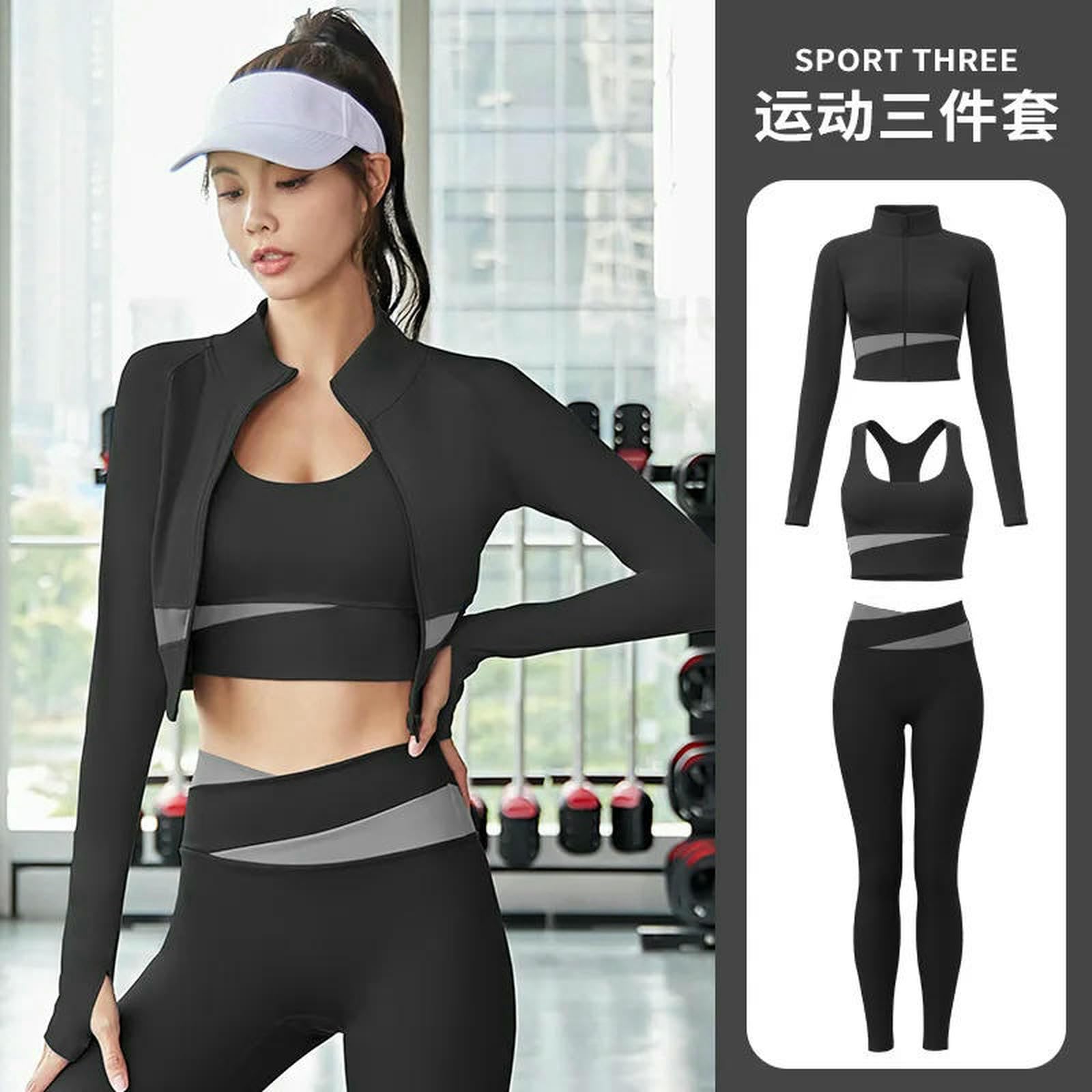 Shapewear Kobiety Joga Patchwork 3 Piece Set Fitness Gym Coats+Bra+Legginsy Trening Running Sportswear Odzież Femme-3 Piece Set C-L