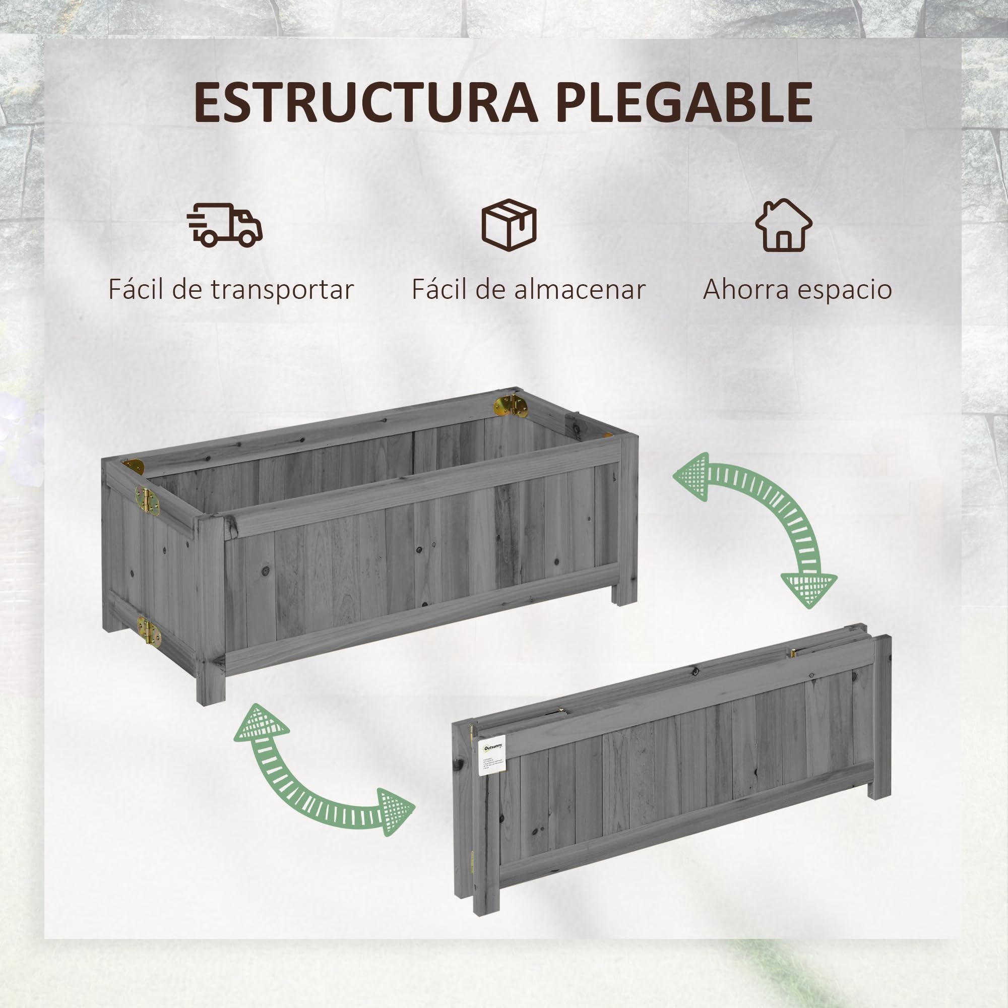 Outsunny Jardinera de Madera Plegable Jardinera Elevada para Cultivos Verduras Flores en Exterior Patio Balcón Terraza 70x30x25 cm Gris