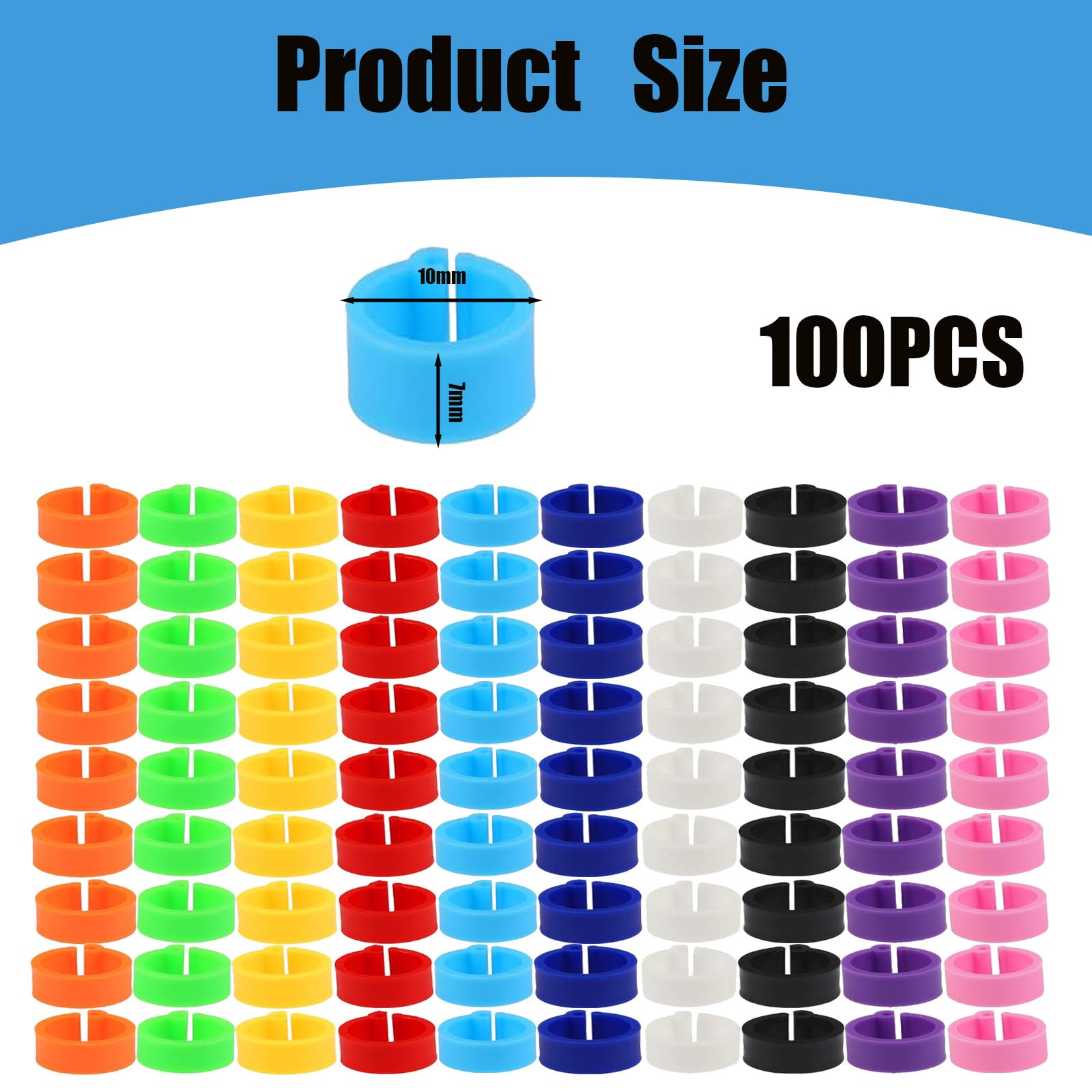 100 Anelli colorati in plastica da 10 mm per gambe di piccioni senza riconoscimento baionetta. Disponibili 10 colori, perfetti per viaggiatori e piccioni da compagnia.