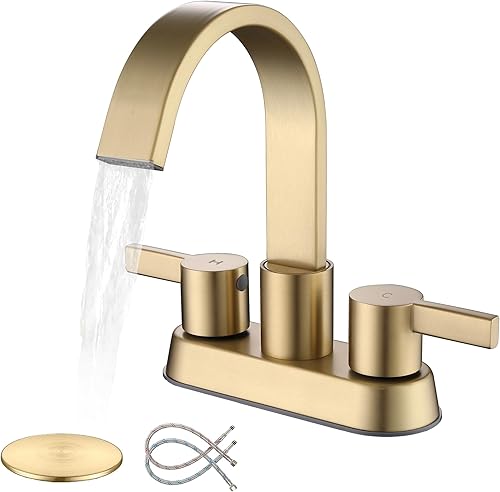 SE-0048-BG - Grifo de lavabo de baño de 3 agujeros, oro cepillado, 2 manijas de 4 pulgadas, juego central de acero inoxidable con drenaje