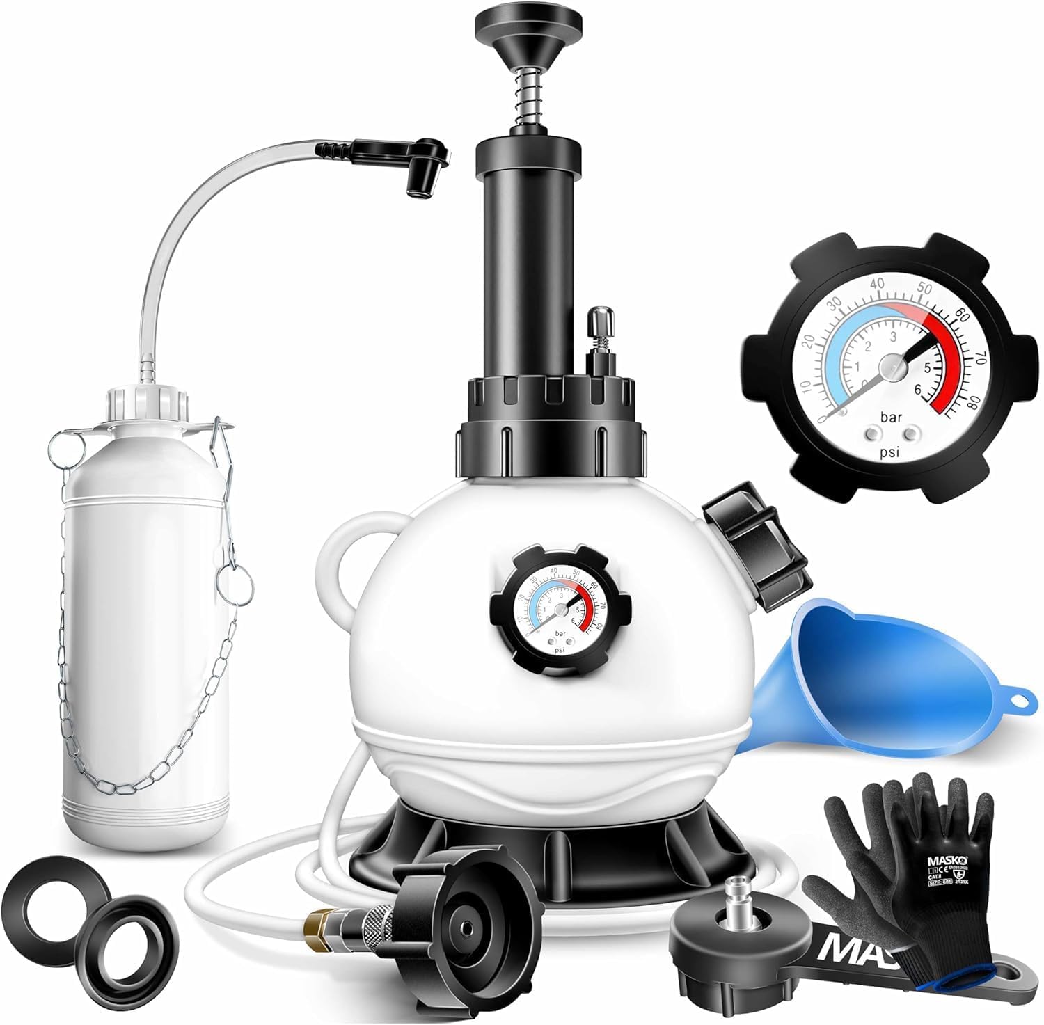 MASKO® Bremsenentlüftungsgerät Auto Bremsentlüfter KFZ Bremsflüssigkeits-Wechselgerät 2L für Scheibenbremsen & Trommelbremsen mit Handpumpe & 1L Absaugbehälter für E20, Adapter, Schlauch & Zubehör