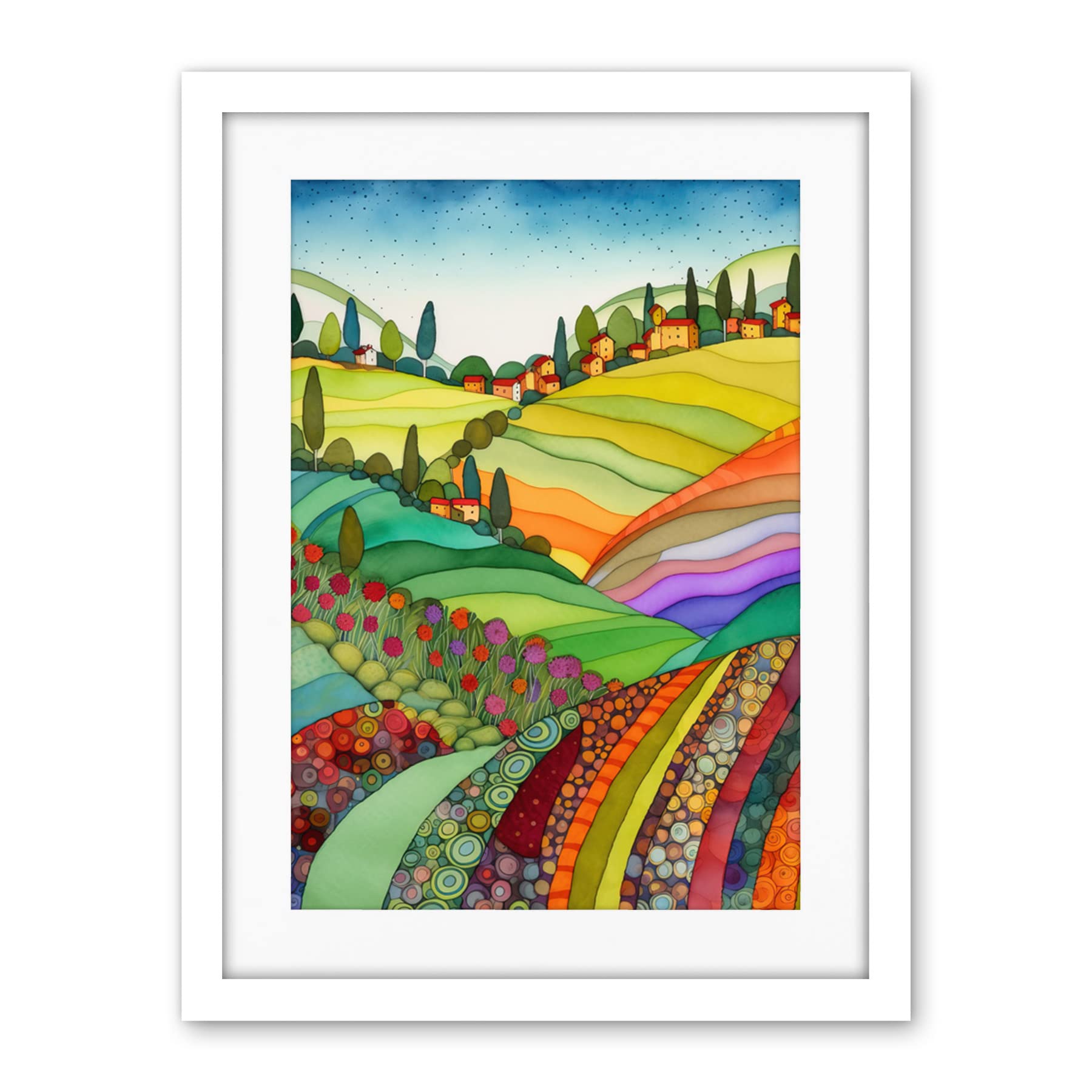 Artery8 Abstract Tuscany Hills Landscape Folk Art Artwork Framed Wall Art Print 18X24 Inch