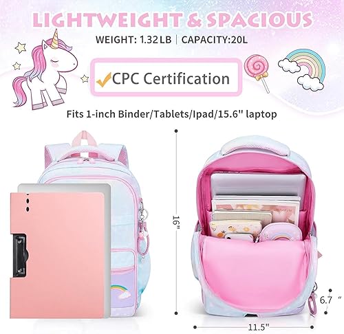 Miniatura 3 de Mochila para niñas, mochilas escolares de 16 pulgadas para niñas, bonita bolsa de libros para niñas, niños, estudiantes, escuela primaria, Azul,