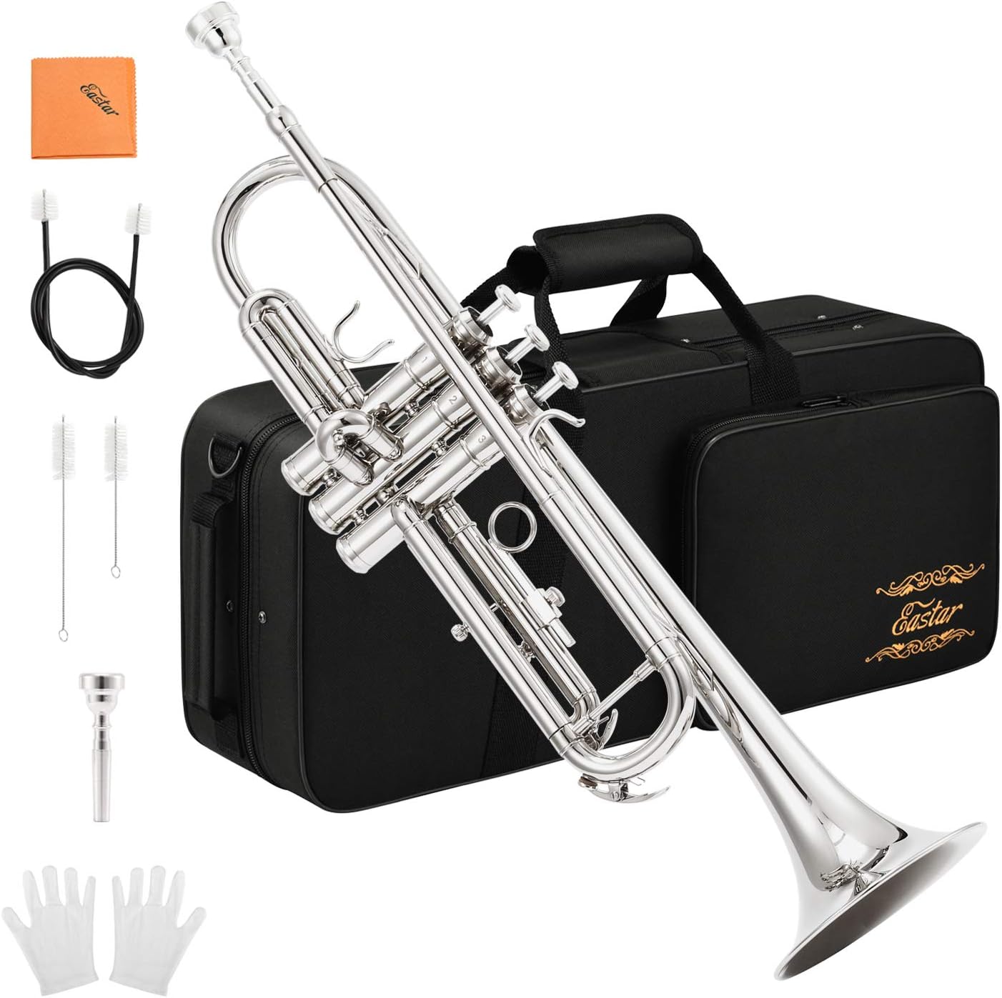 Eastar Bb Standard Trumpet Set for Beginner, Brass Student Trumpet Instrument with Hard Case, Cleaning Kit, 7C Mouthpiece and Gloves, ETR-380N, Nickel