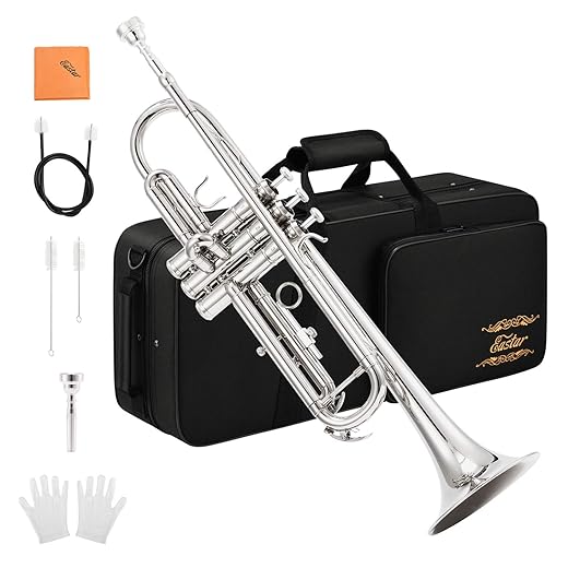Eastar Bb Standard Trumpet Set for Beginner, Brass Student Trumpet Instrument with Hard Case, Cleaning Kit, 7C Mouthpiece and Gloves, ETR-380N, Silver
