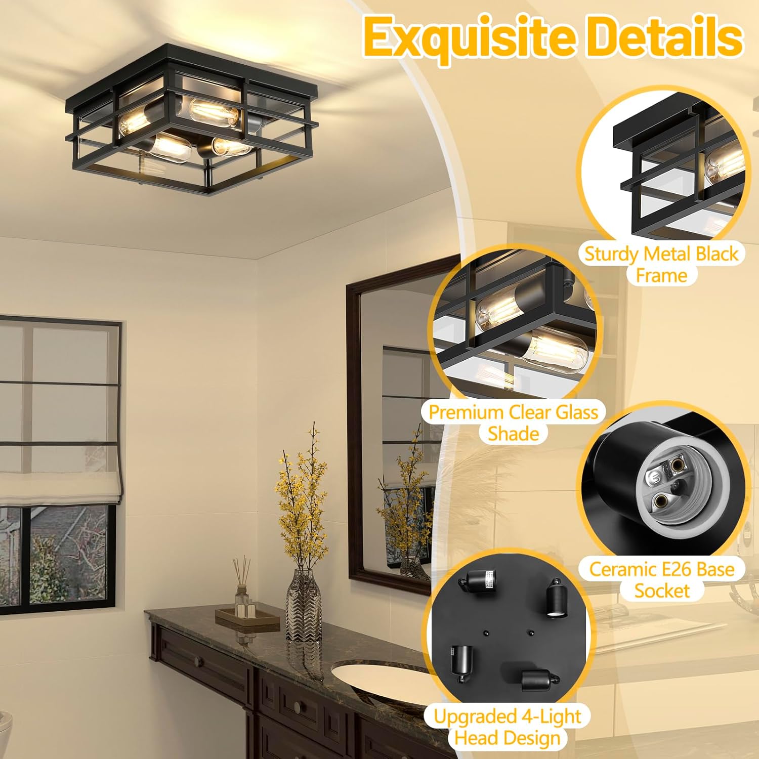 Asnxcju Black Flush Mount Ceiling Light, 4-Light Indoor Outdoor Light Fixtures for Porch with Clear Glass, 12 Inch Modern Close to Ceiling Lights for Bathroom, Covered Patio, Balcony, Foyer