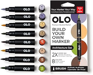 OLO Architecture set, 8pc Brush Tip Alcohol Markers. Customizable with Innovative Ink Flow. Professional Dual Tip Art Markers for Illustration, Sketching, Drawing, Manga, Paper Craft, Cardmaking