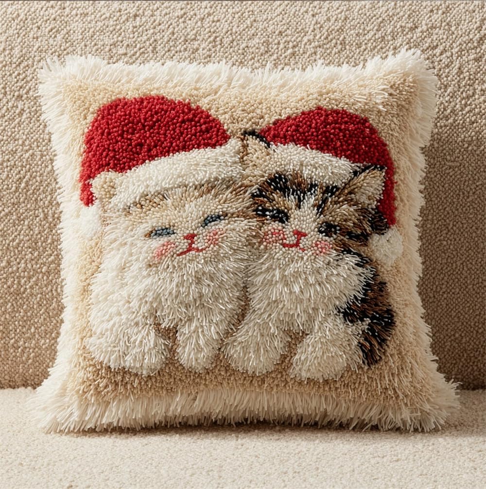 FWRTYCB Latch Hook Pillow Kits for Adults Christmas Kitten Knitting Kits C