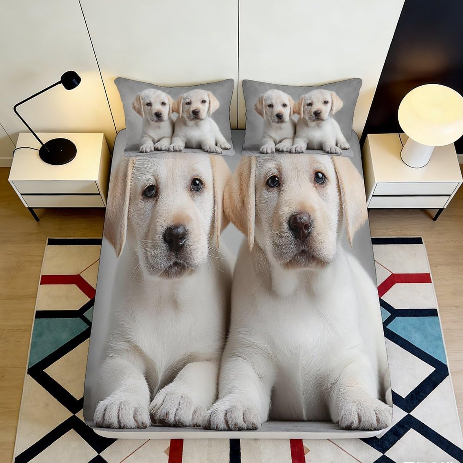 3D Printed Labrador Puppy Fitted Sheet Microfiber Soft Anti-Slip Dog Family Mattress Cover for Bedroom Guest Room Decor 90x200x25cm
