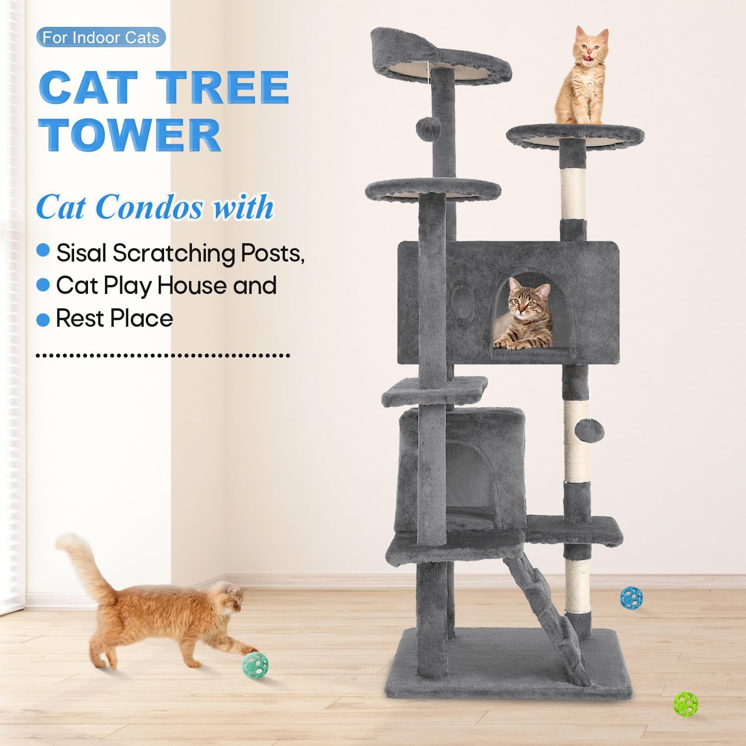 54" Light Gray Multi-Level Sisal Cat Tree Tower