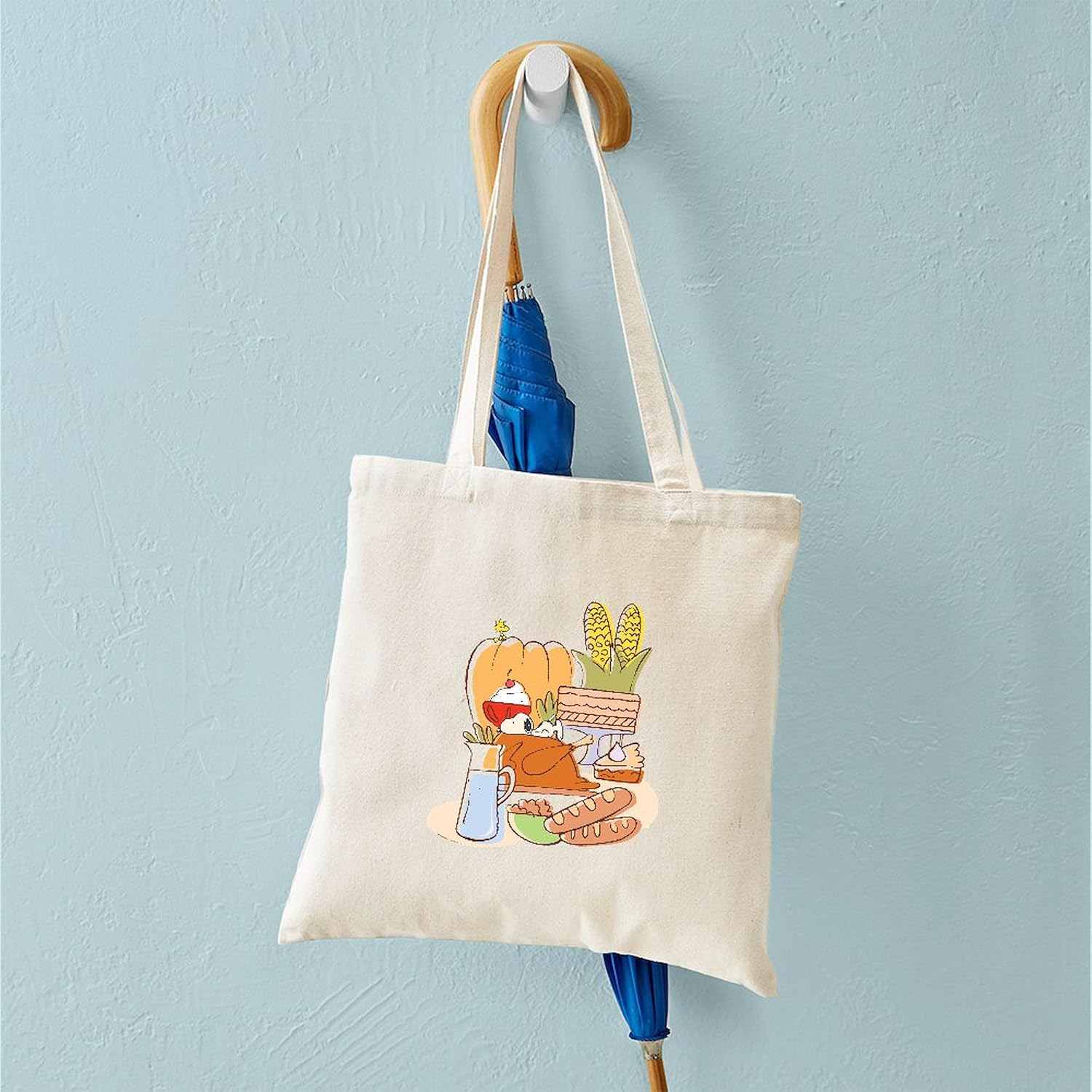 CafePress Snoopy Thanksgiving Dinner Reusable Natural Beige Canvas Shopping Bag