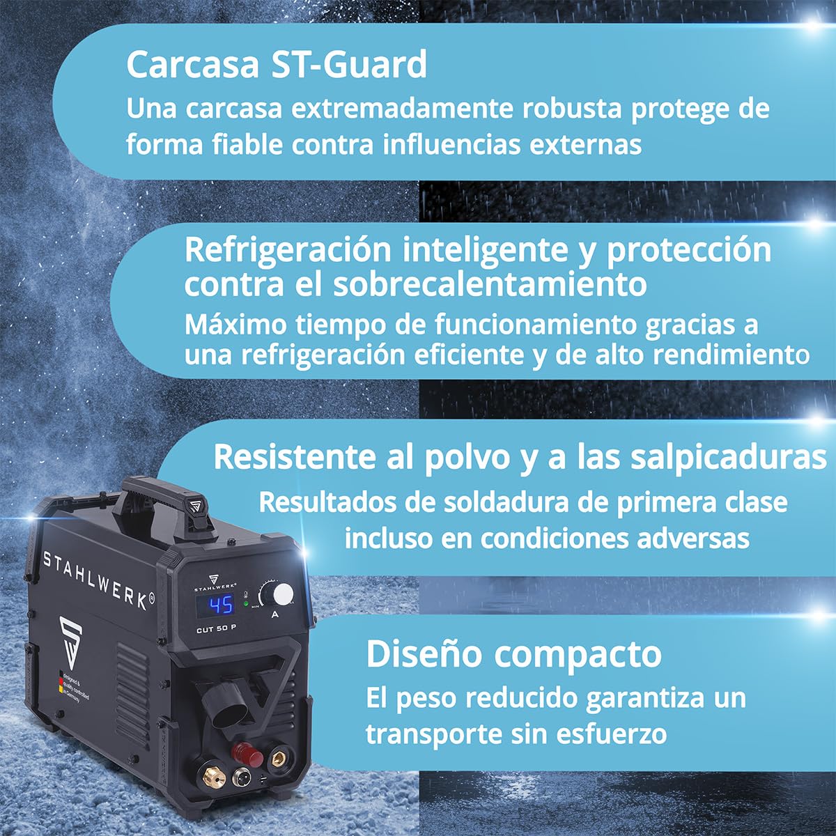 STAHLWERK Cortador de plasma CUT 50 P – 15-45 A, capacidad de corte hasta 15 mm, Plasma Cutter con encendido HF Pilot, refrigeración inteligente, fácil manejo con muchos accesorios