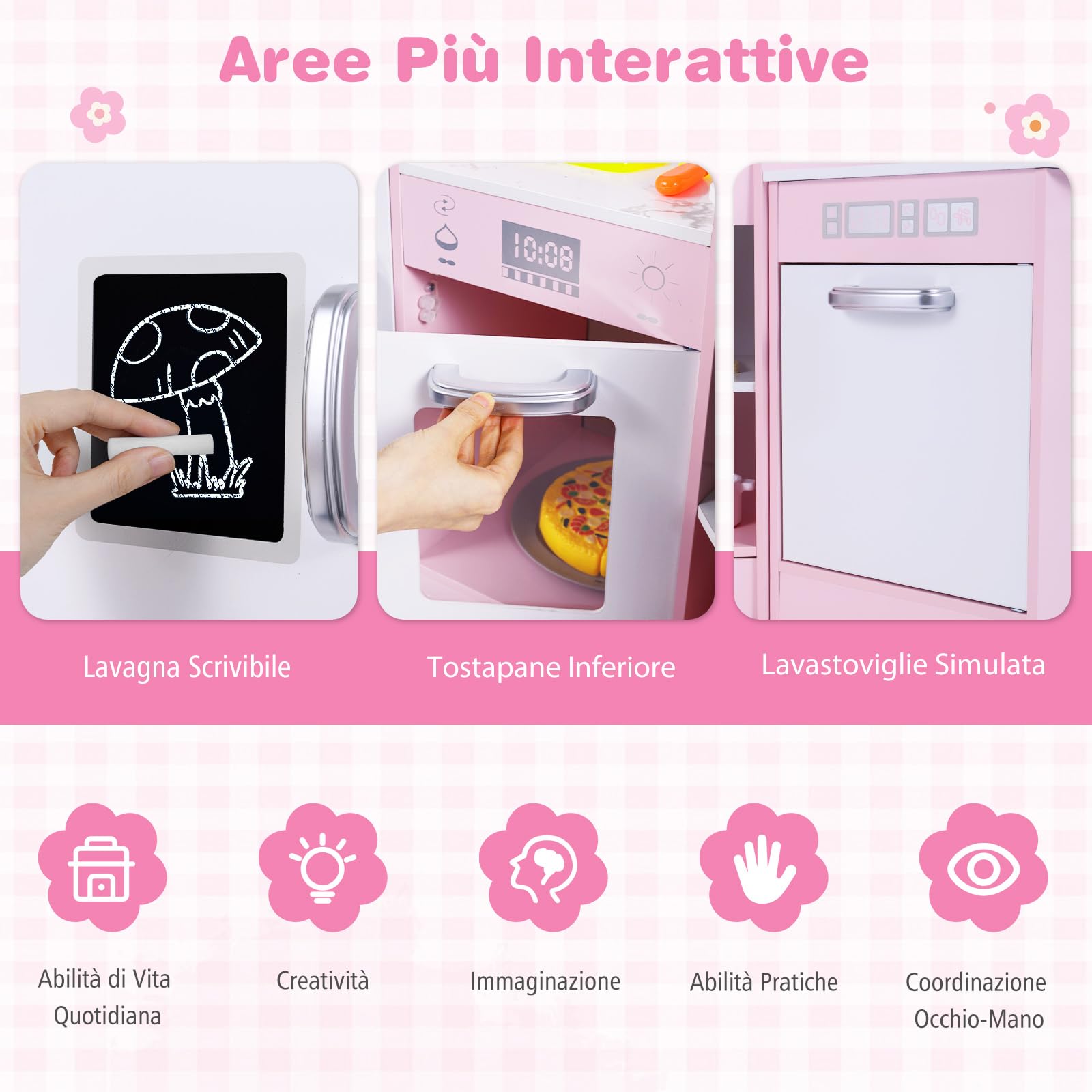 RELAX4LIFE Cucina Giocattolo per Bambini, Cucina Lussuosa in Legno con Effetti Luminosi e Sonori, Forno, Microonde, Macchina del Ghiaccio Lavastoviglie e Lavagna, Regalo per Bambini 3+ Anni (Rosa)