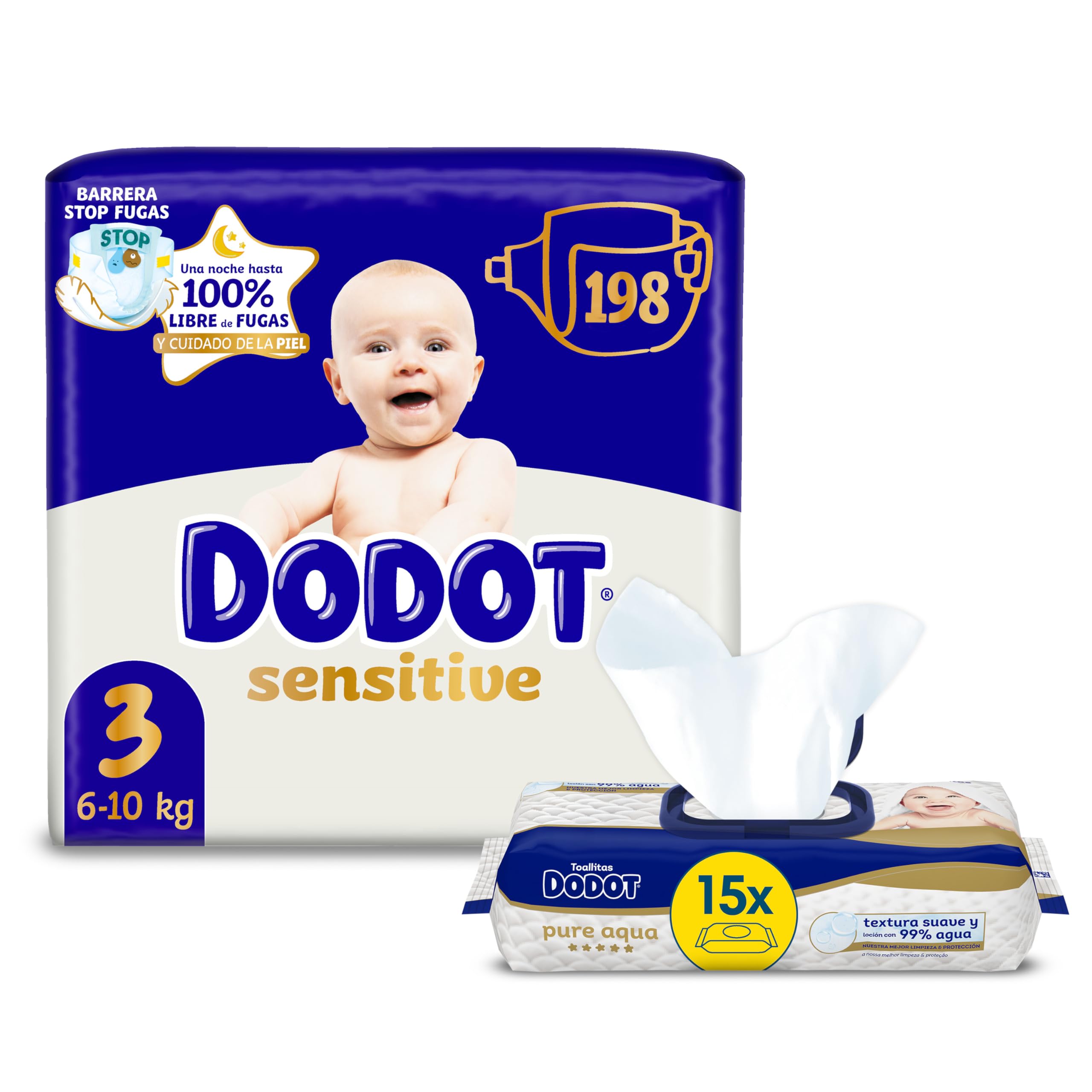 Dodot Bebé Sensitive Talla 3 Pañales + Toallitas Pure Aqua – Pack Cuidado Infantil (198 Pañales + 900 Toallitas) [Nuevo]