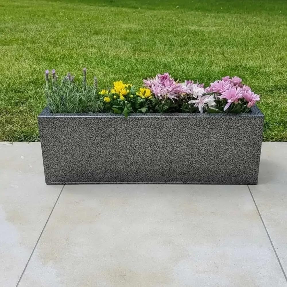Tulipy Zinc Galvanised Trough Planter with Liner | No Assembly Needed | Lightweight (Silver & Black, L70cm x W24cm x H24cm)