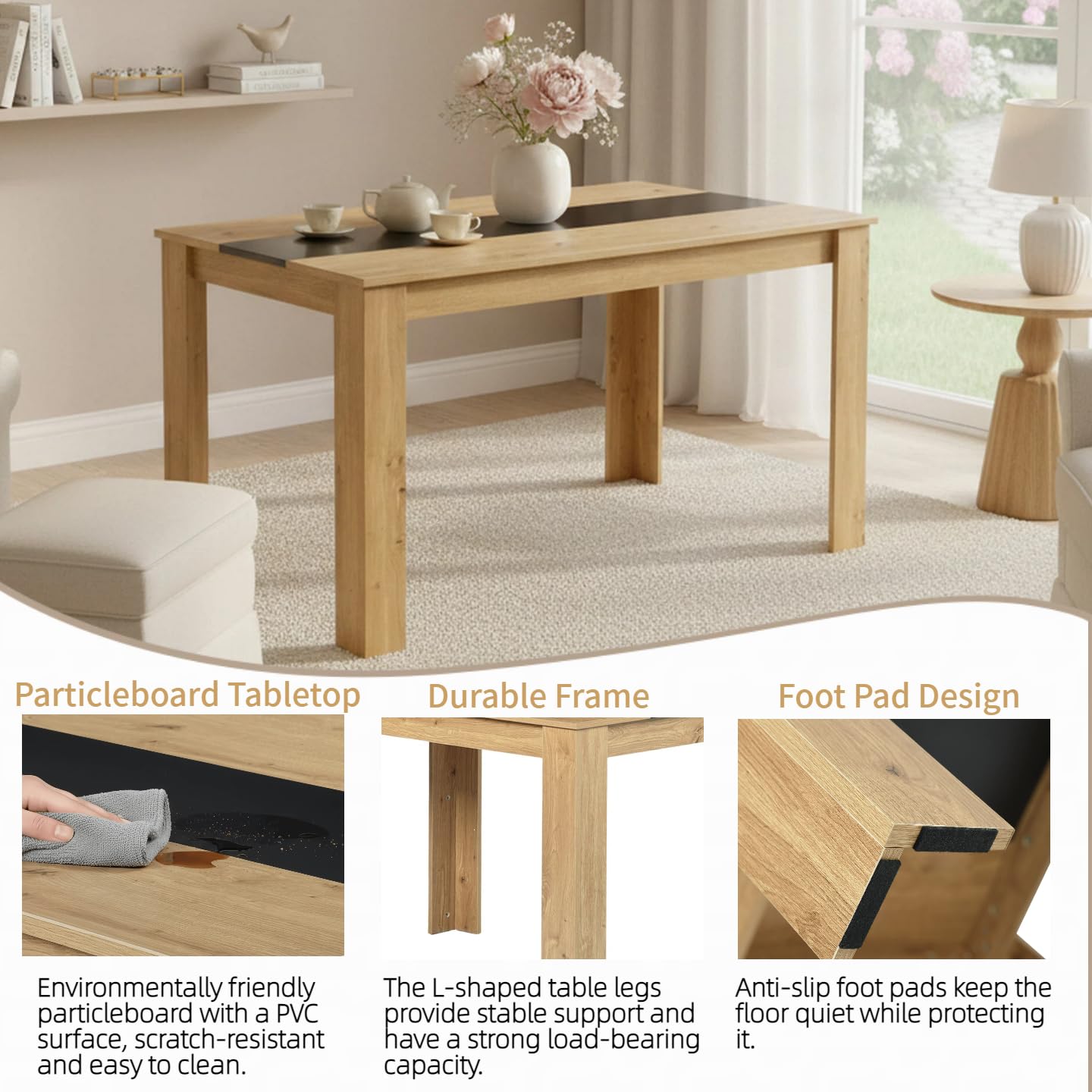 Tavolo da pranzo in legno, 140 x 70 cm, tavolo da pranzo, rettangolare, per 4 persone, moderno, in legno, grande per sala da pranzo, soggiorno, colore rovere + nero