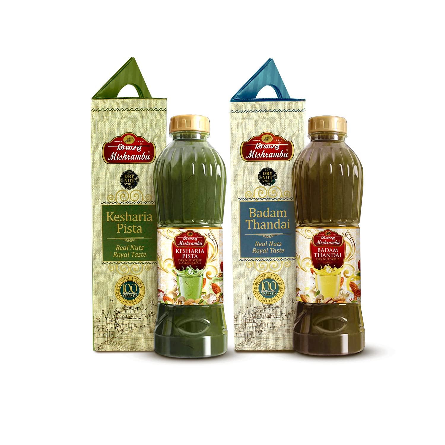 Mishrambu Badam Thandai & Kesharia Pista Drynut Syrup - Kesar Pista Syrup | Thandai Syrup | Dry Fruit Thandai | Summer Drink Mix | Pack of 2 (750 ml each)