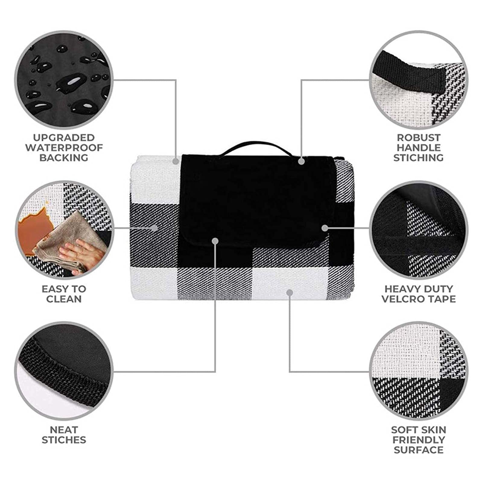 Couverture Pique Niques Imperméable, Portable Tapis Pique Niques, Nappe Picnic Natte de Plage pour Jardin Camping Extérieur (Color : Black White Grid, Size : 150 x 200cm)