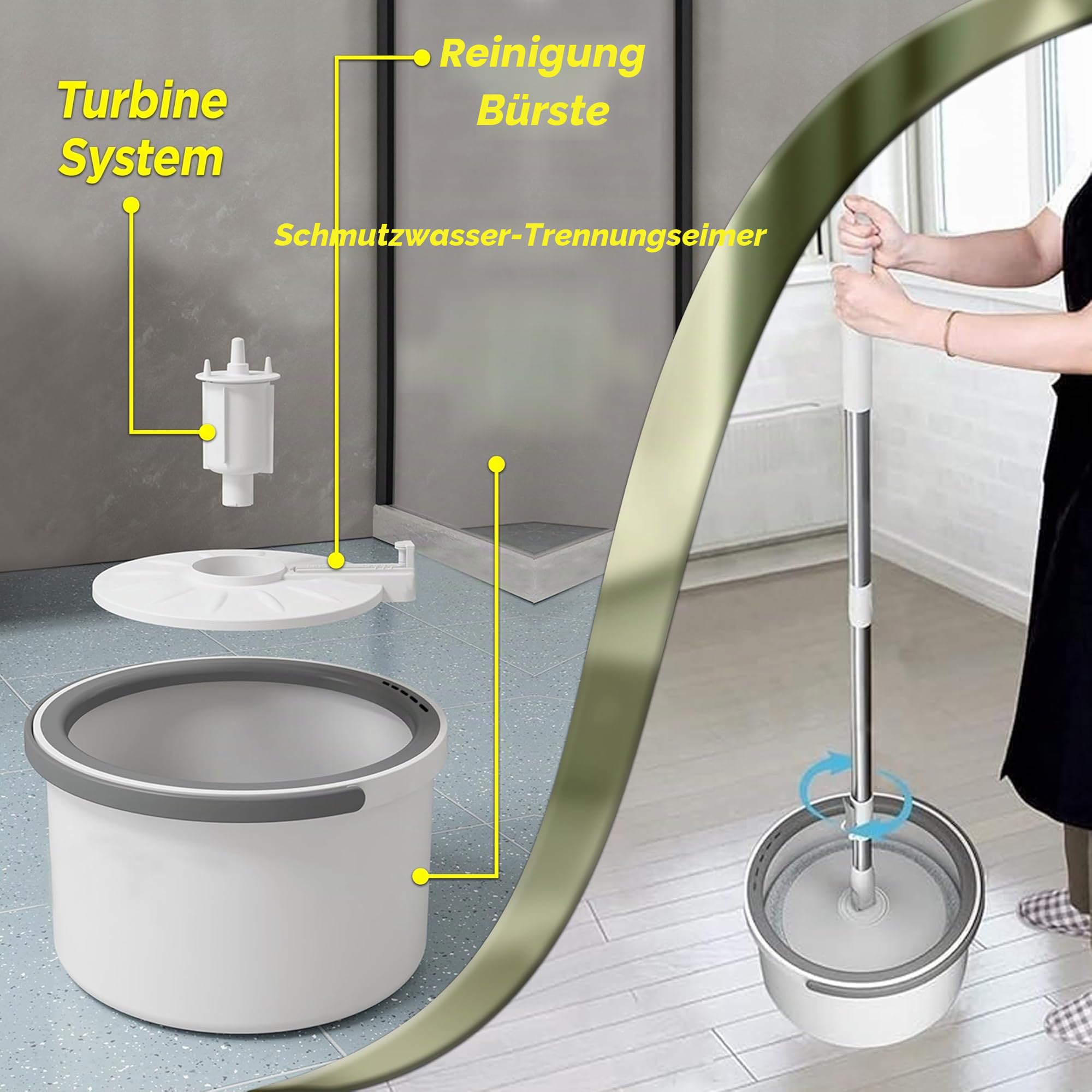 ARSUK Spin Mop Eimer und Bodenreinigungsset | Getrennte Mechanik für sauberes und schmutziges Wasser | 2L Kompaktdesign, 2 Mikrofasertücher, 118cm Edelstahl-Teleskopstiel | Ideal für den Haushalt