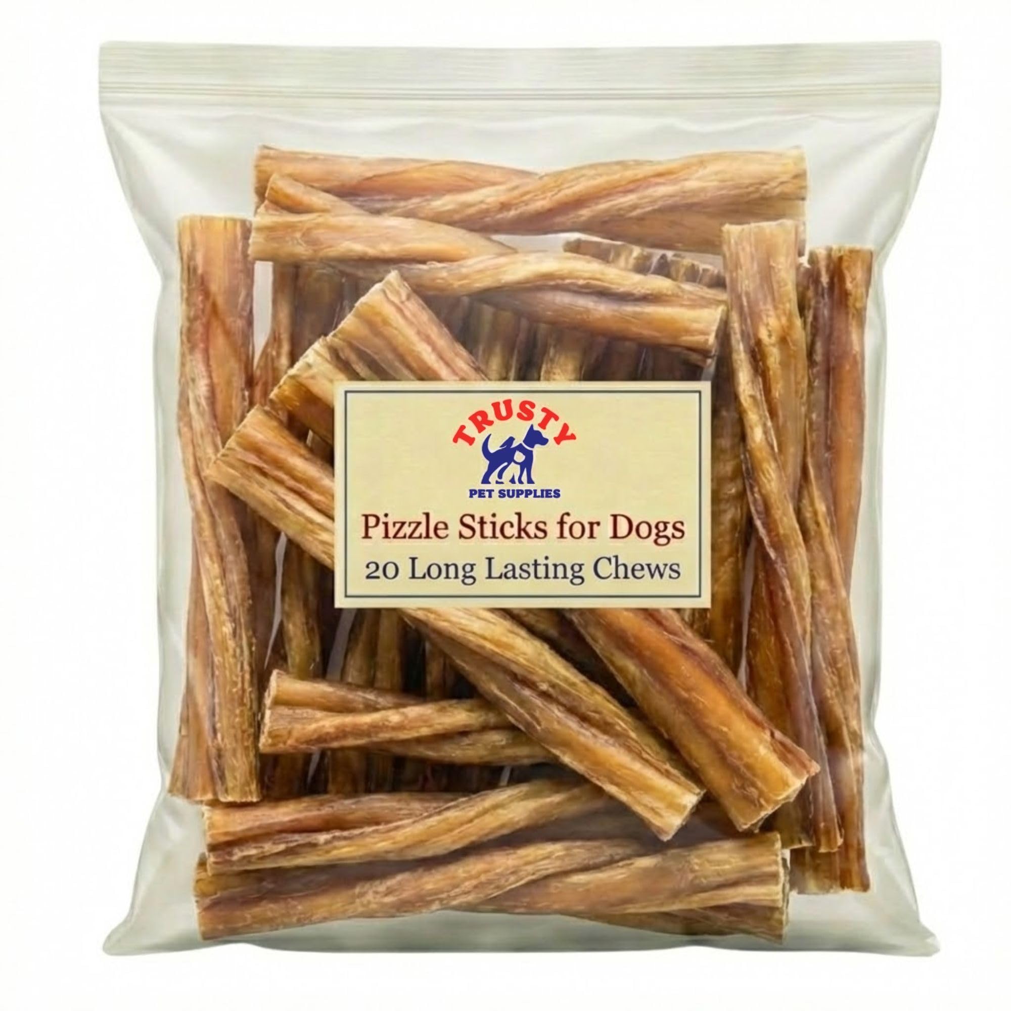 Pizzle Sticks for Dogs 20 Pack (12cm length) | Thick Long Lasting Dog Chew | Dog Dental Sticks and Bully Stick | Natural Dog Chews | Grain Free Dog Bones for Puppies & Adults | by Trusty Pet Supplies