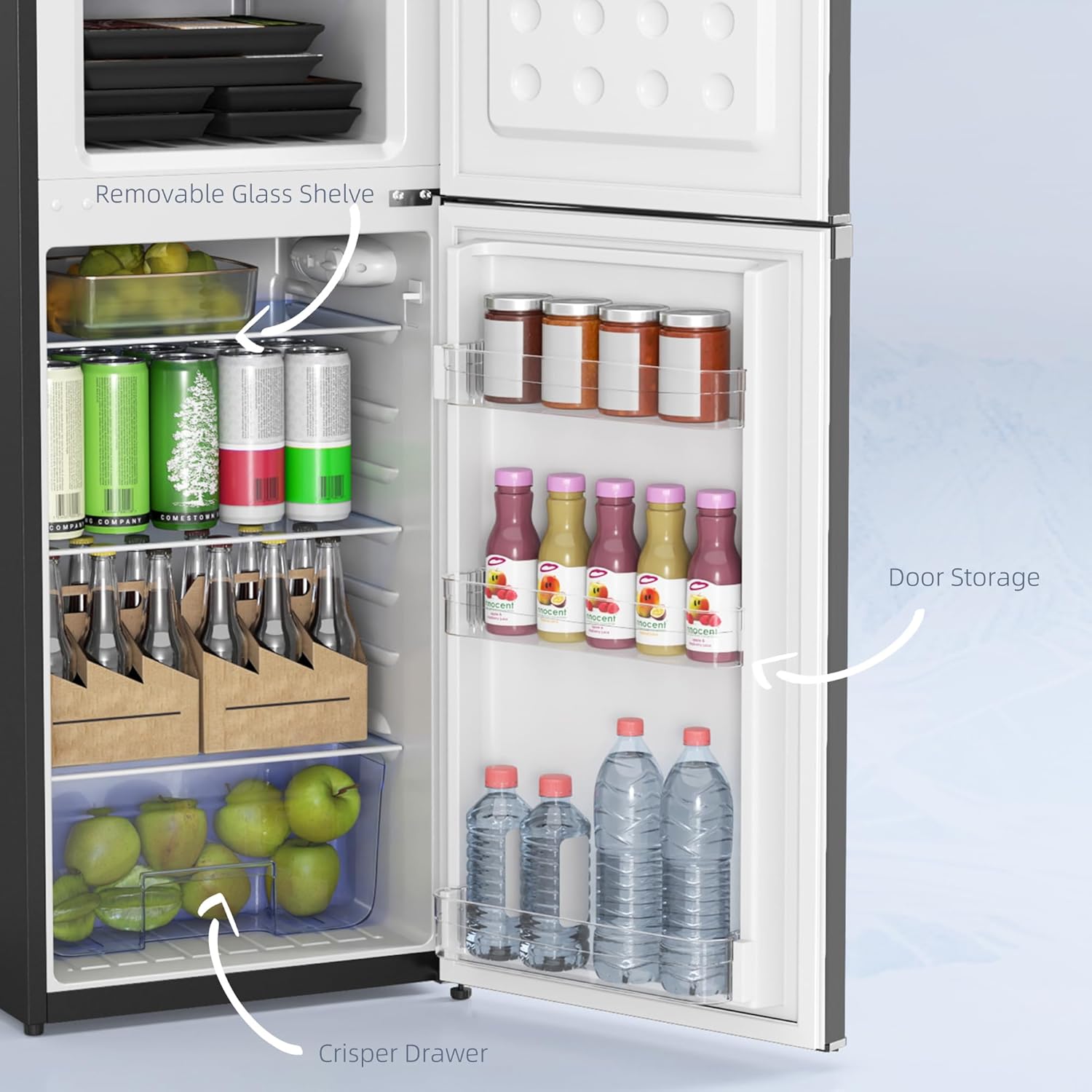 Interior view showing removable glass shelf, door storage, and crisper drawer