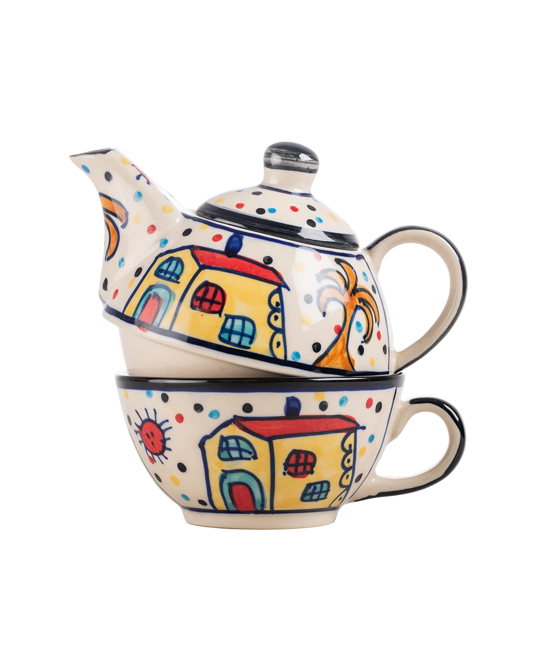 Sunspot Cottage Ceramic Tea Pot Kettle with Cup Milk hot Water Cup with Handle teapot Set of 1 Coffee chai Kettle 300ml Masala chai Green Tea Ideal serveware for Gifting.