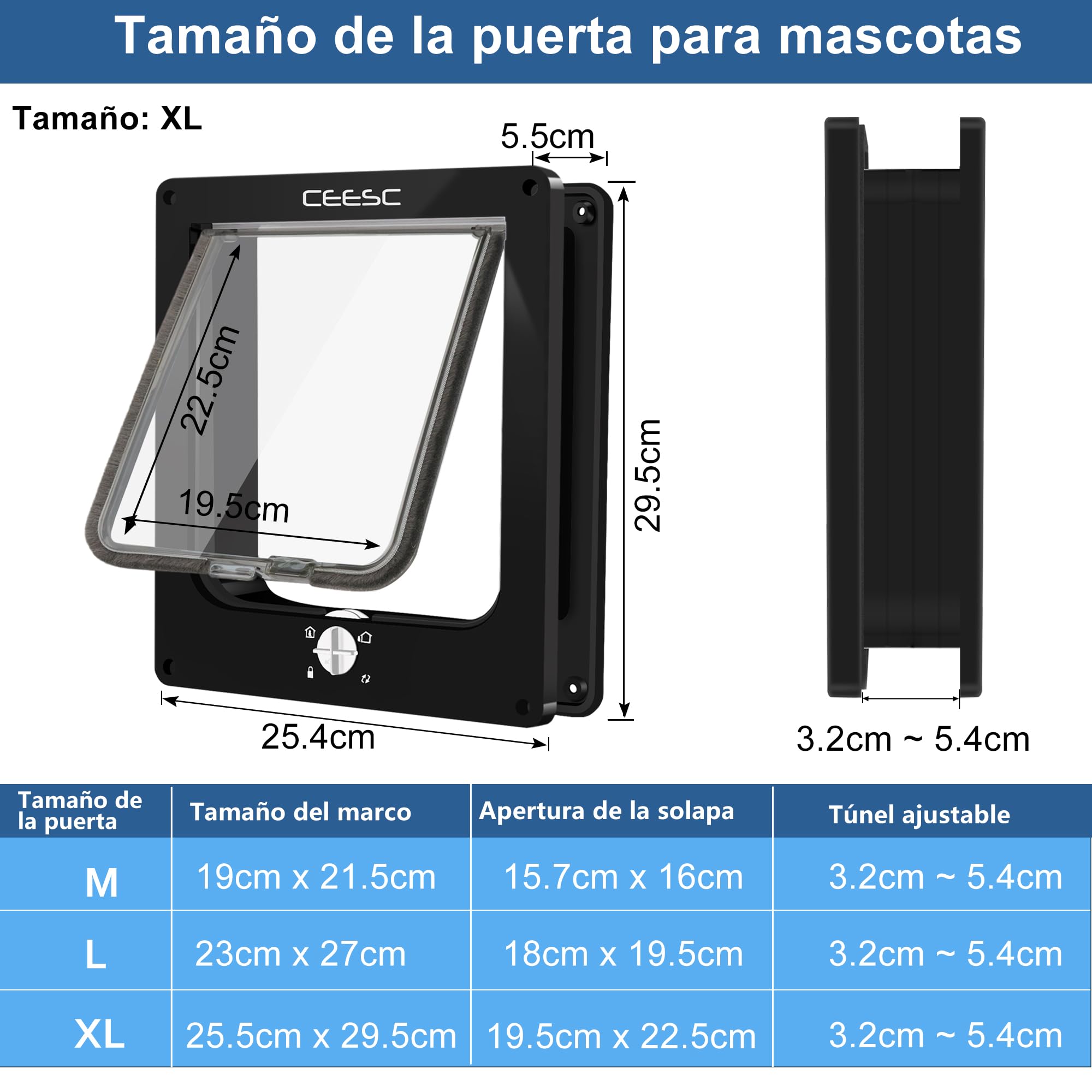 CEESC Aleta Grande para Gatos (tamaño Exterior 29,5 x 24,5 cm), Puerta giratoria para Mascotas con Bloqueo de 4 vías para Gatos y Perritos con Circunferencia <63 cm, versión Mejorada