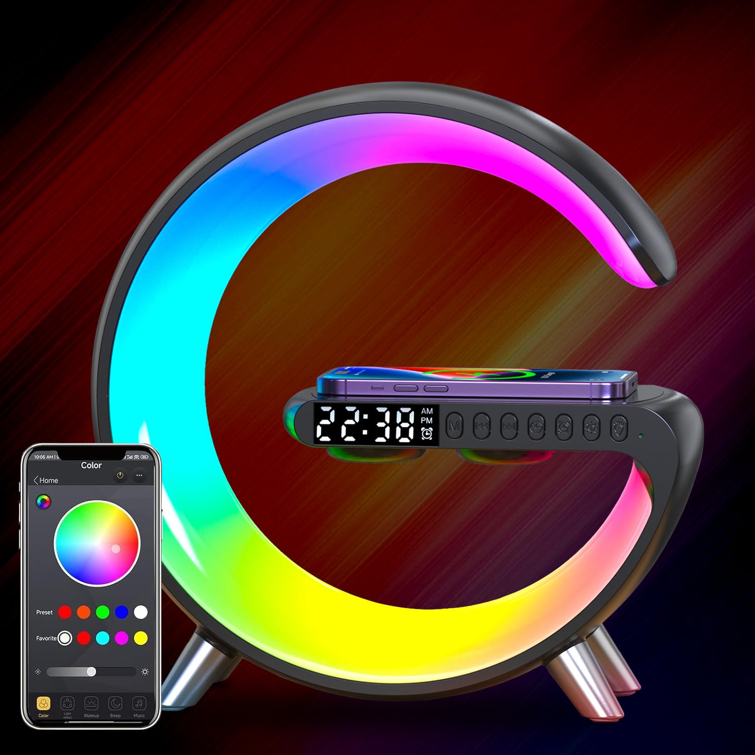 Lampe d'ambiance avec chargeur sans fil, mini haut-parleur sans fil avec réveil, haut-parleur Bluetooth avec lumière d'ambiance, lampe de chevet cadeau pour décoration d'intérieur, chambre à coucher