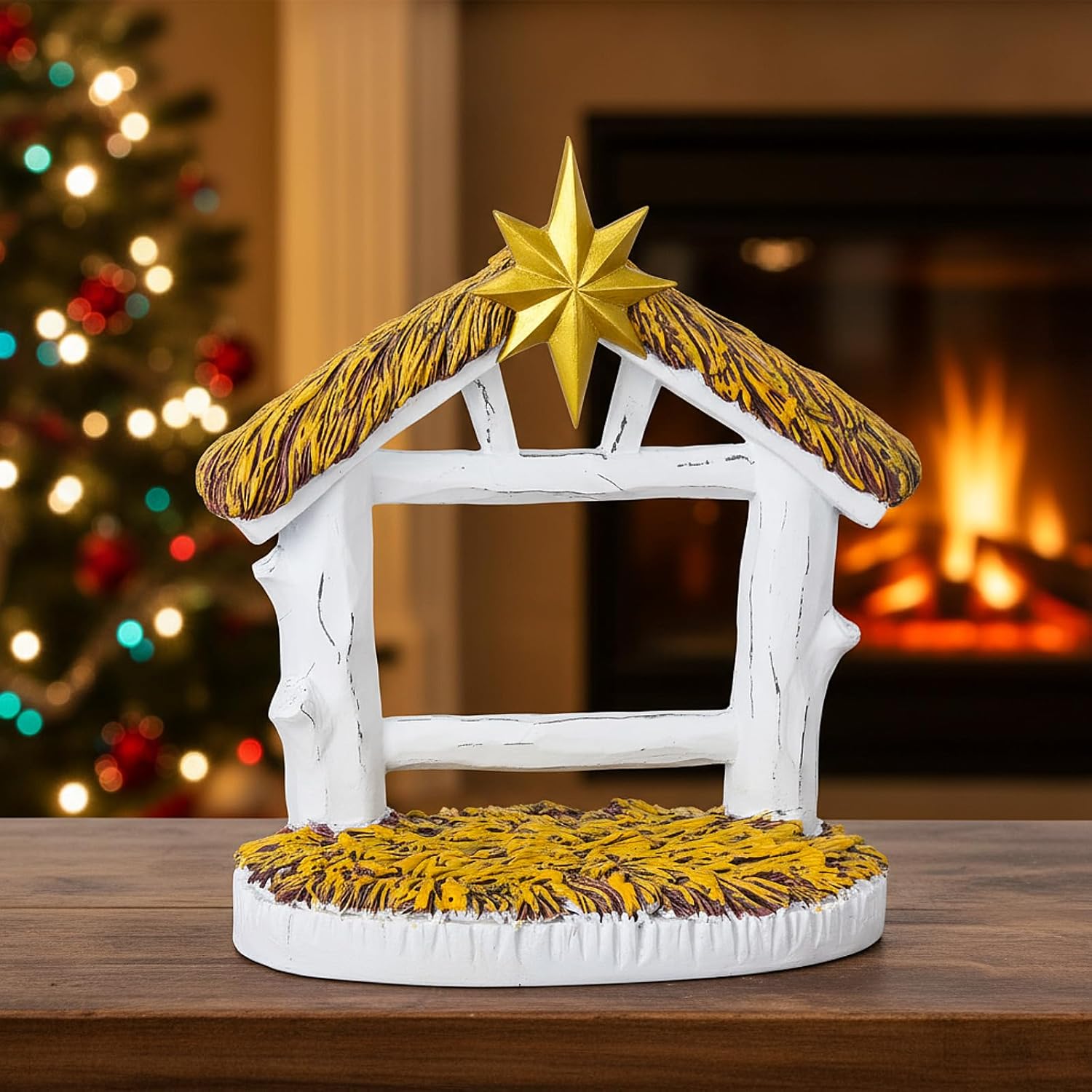 Roshtia Nativity Manger Nativity Creche Stable Jesus Birth Scene Resin Christmas Stable Christmas Set Without Figurines for Holiday Xmas Home Decor Religious Gift Collection(9.8''x8.6'')