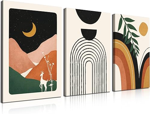Juego de 3 arte de pared bohemio enmarcado, decoración de pared bohemia, arte de pared moderno de mediados de siglo, impresiones geométricas
